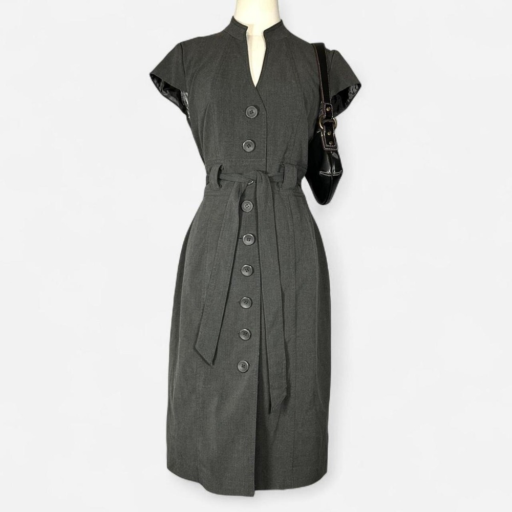 Y2K Sandra Darren Womens Gray Button Up Office Dress Belted Sz 10 Business